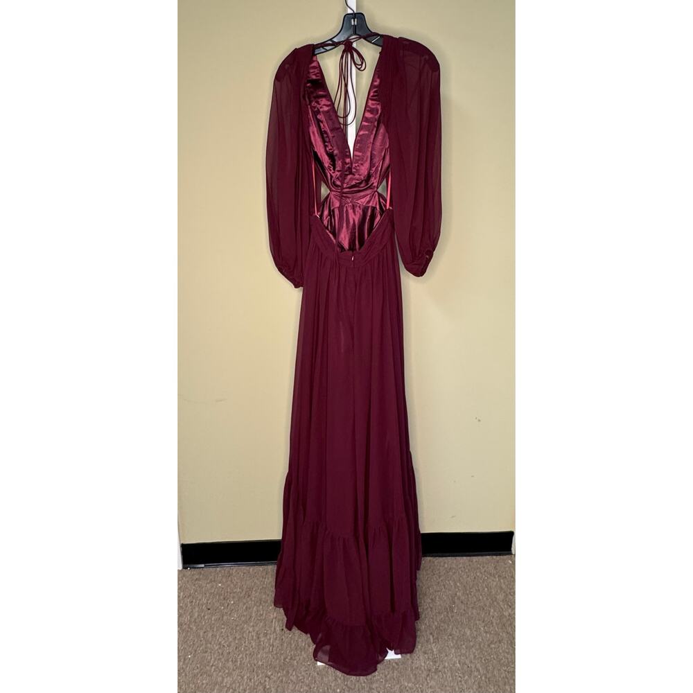 Mac Duggal NWT Pleated Cut Out Long Sleeve Lace Up Tiered Gown in Plum Size 4 - Picture 4 of 8